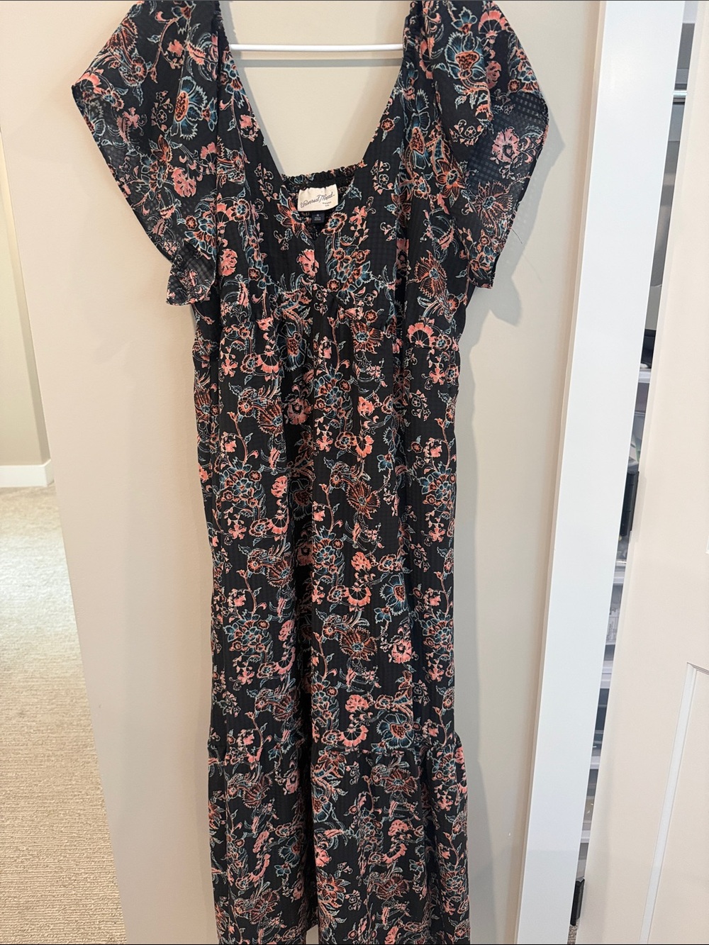 Floral Maxi Dress with pockets - Black with Pink & Blue Floral Print